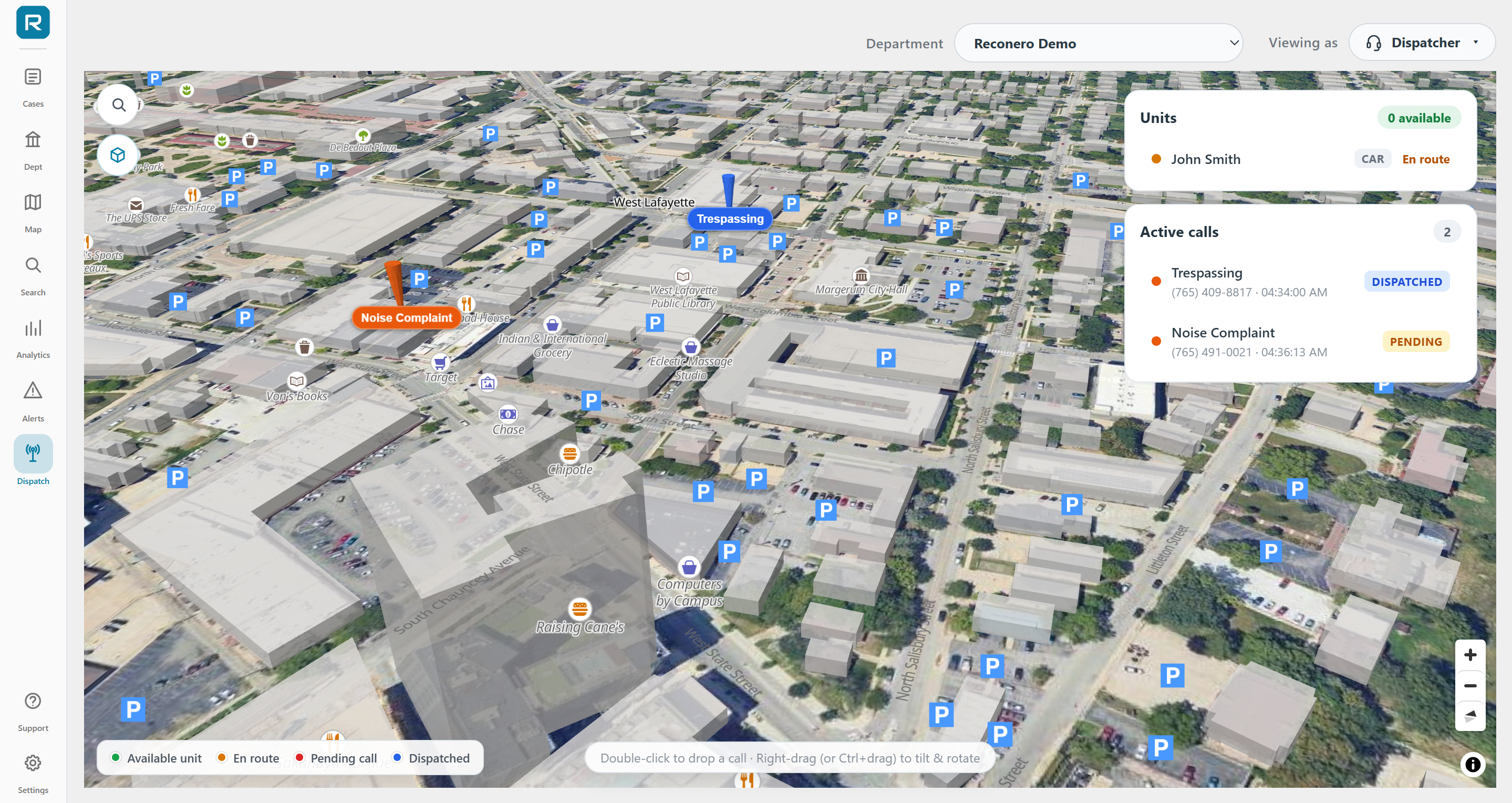 Live dispatch map with active calls and unit status